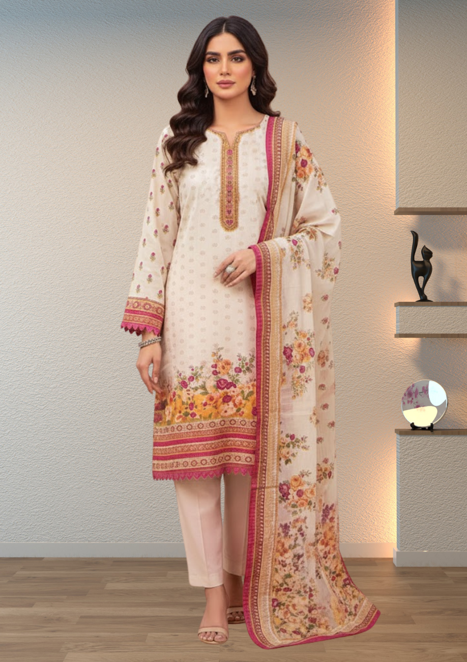 Bin Inam Printed Jacquard 3pc with Zari Voil Dupatta D4
