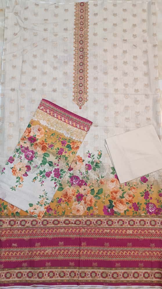 Bin Inam Printed Jacquard 3pc with Zari Voil Dupatta D4