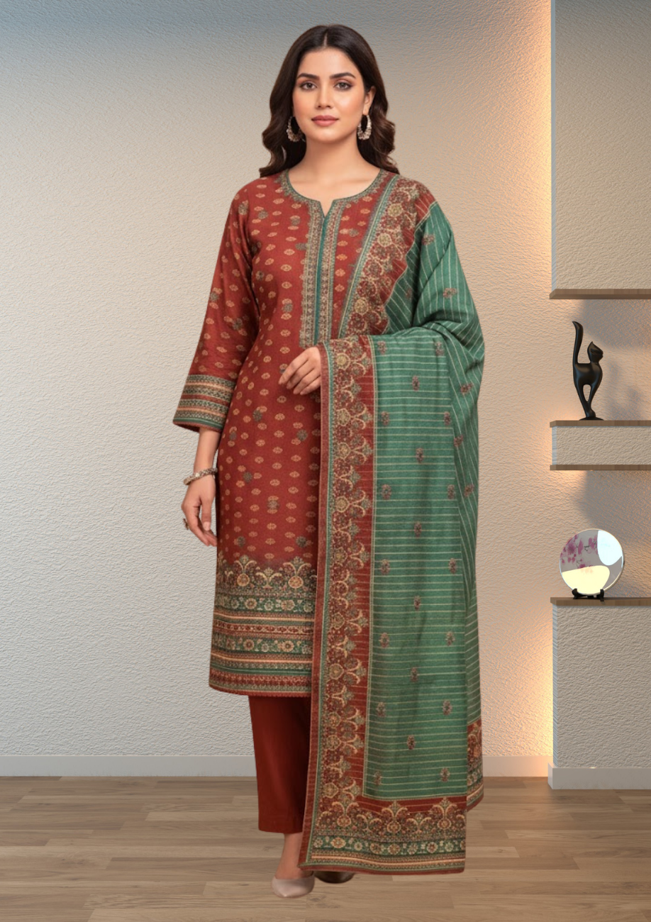 Bin Inam Printed Jacquard 3pc with Zari Voil Dupatta D5