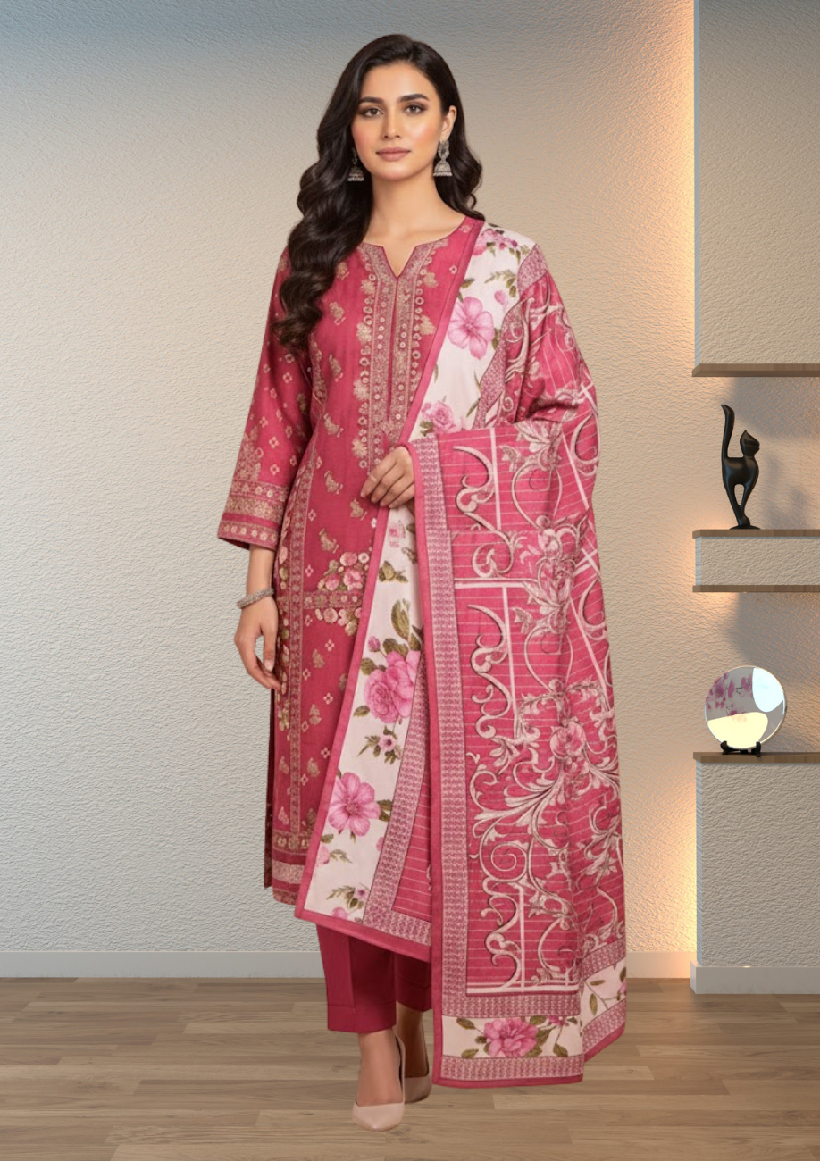Bin Inam Printed Jacquard 3pc with Zari Voil Dupatta D7
