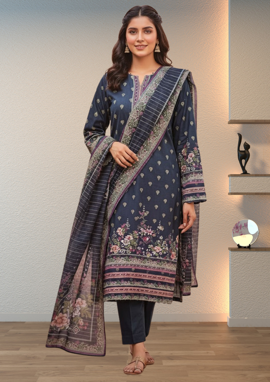Bin Inam Printed Jacquard 3pc with Zari Voil Dupatta D8