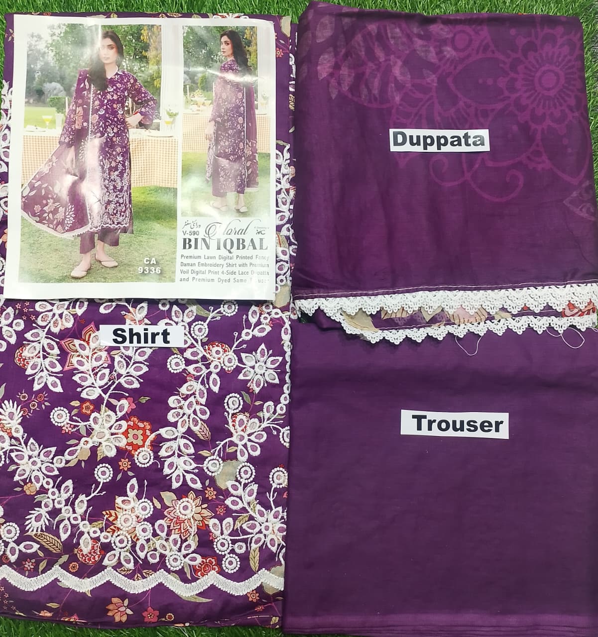 Bin Iqbal Embroidered Chickankari Boring Daman Printed Lawn 3pc D5