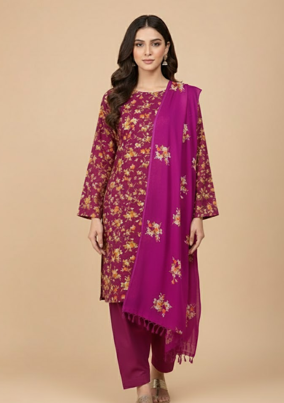 Pashmina Printed Cotray Wool Shawl 3pc D12