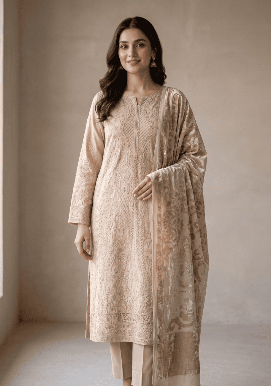 HZ Embroidered Velvet Shawl 3PC Suit Vol.2 D7