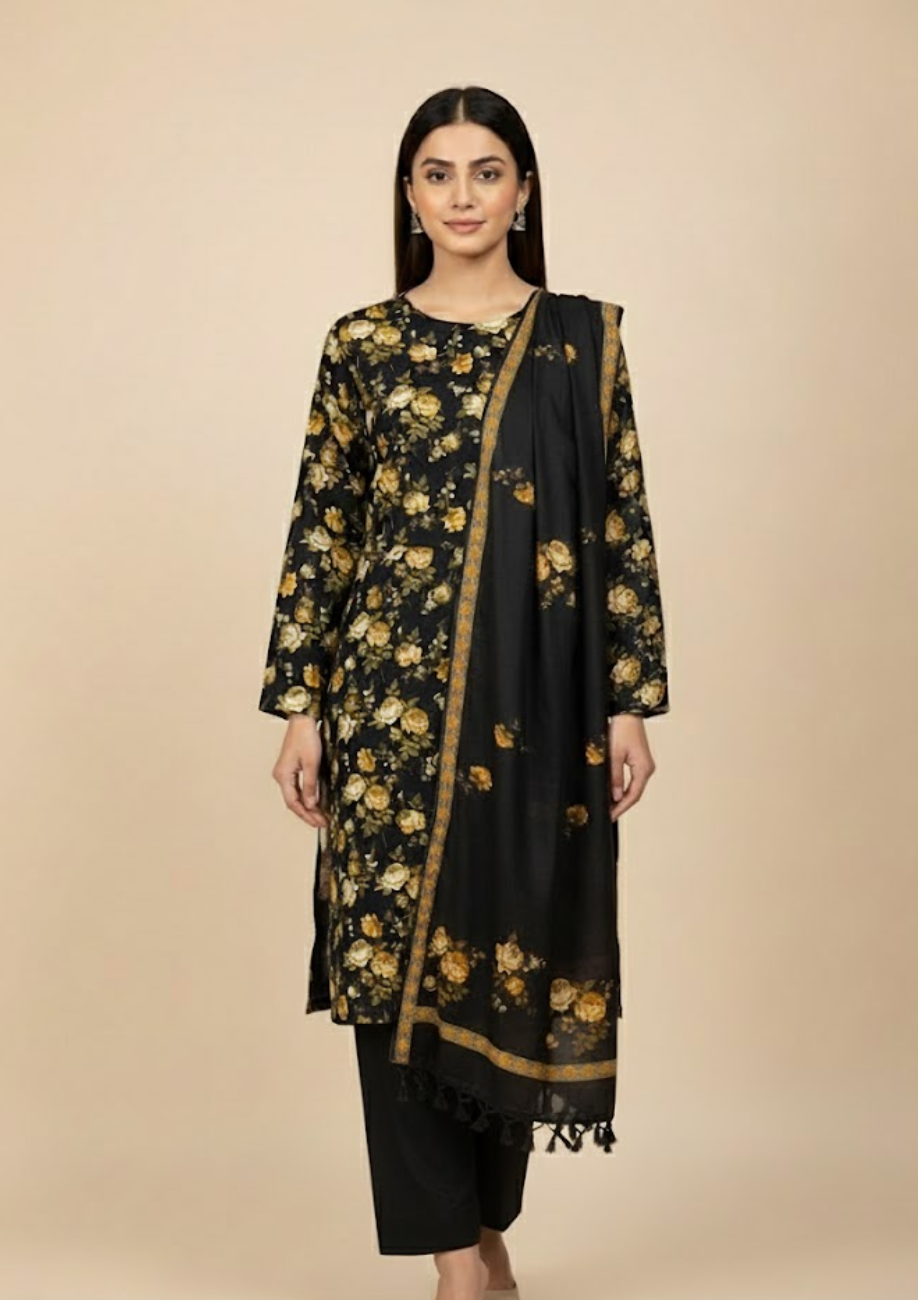 PAshmina Printed Cotray Wool Shawl 3pc D4