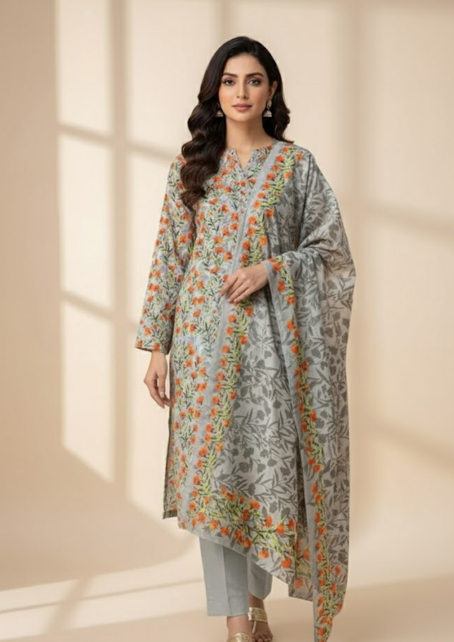 Pashmina Printed Cotray Wool Shawl 3pc D6