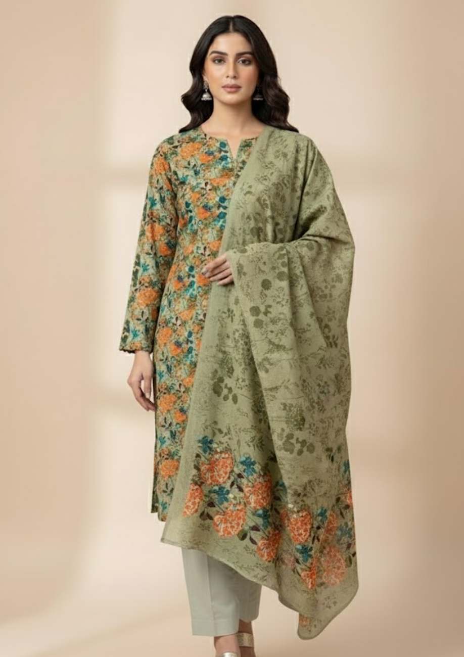 Pashmina Printed Cotray Wool Shawl 3pc D7