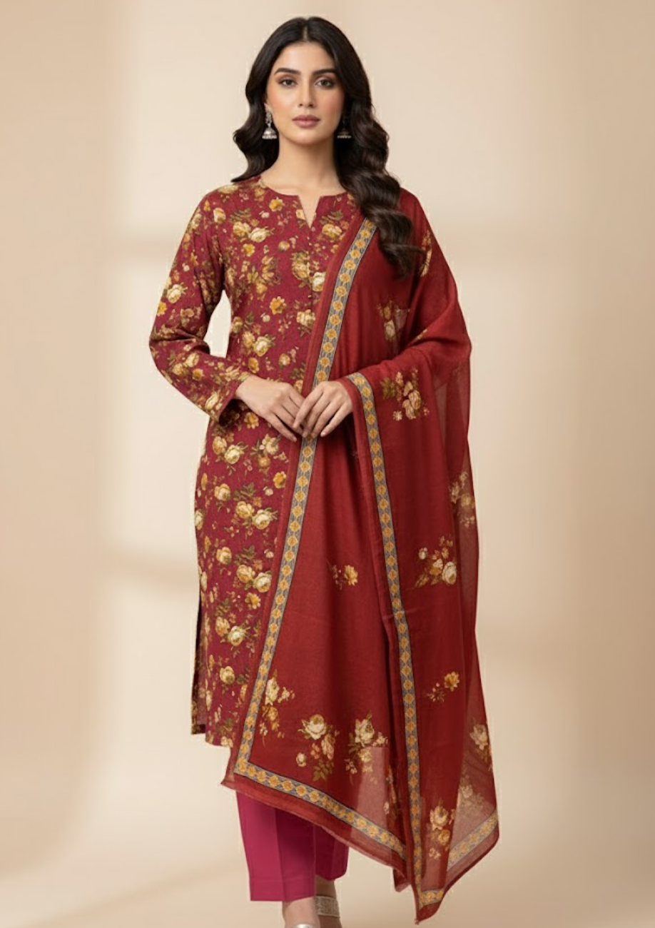 Pashmina Printed Cotray Wool Shawl 3pc D8