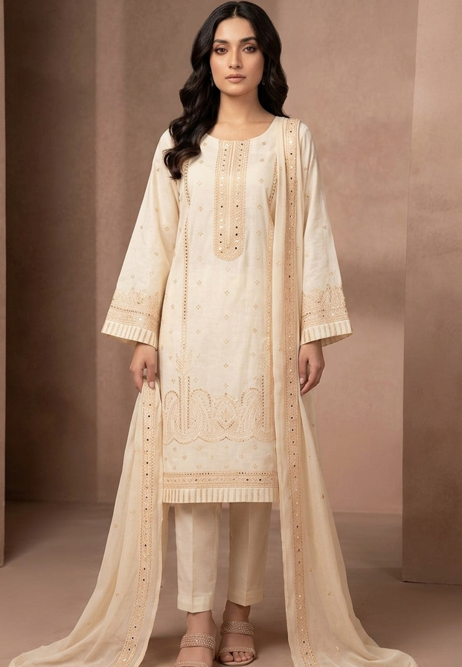 Bareeze White Embroidered Stone Chickankari Lawn 3pc D5