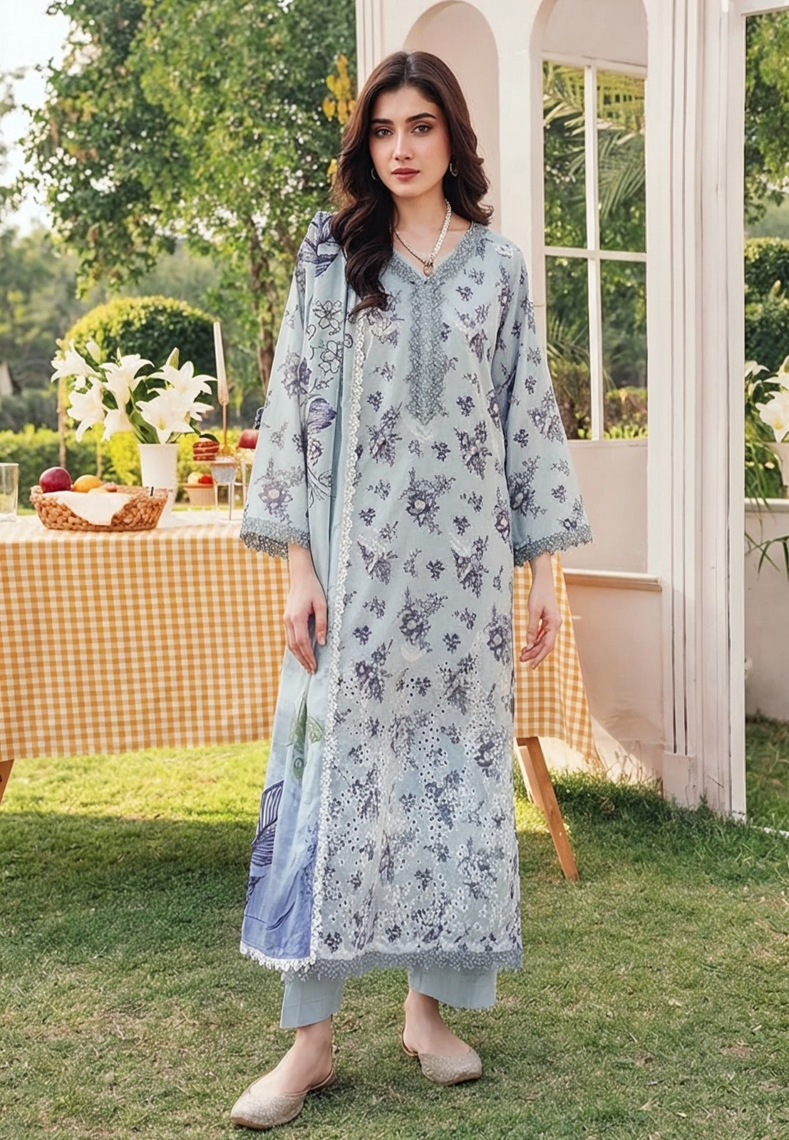 Bin Iqbal Embroidered Chickankari Boring Daman Printed Lawn 3pc D1