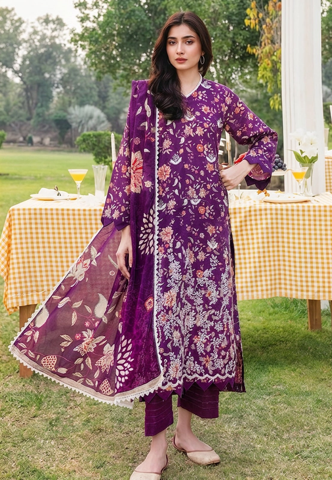 Bin Iqbal Embroidered Chickankari Boring Daman Printed Lawn 3pc D5