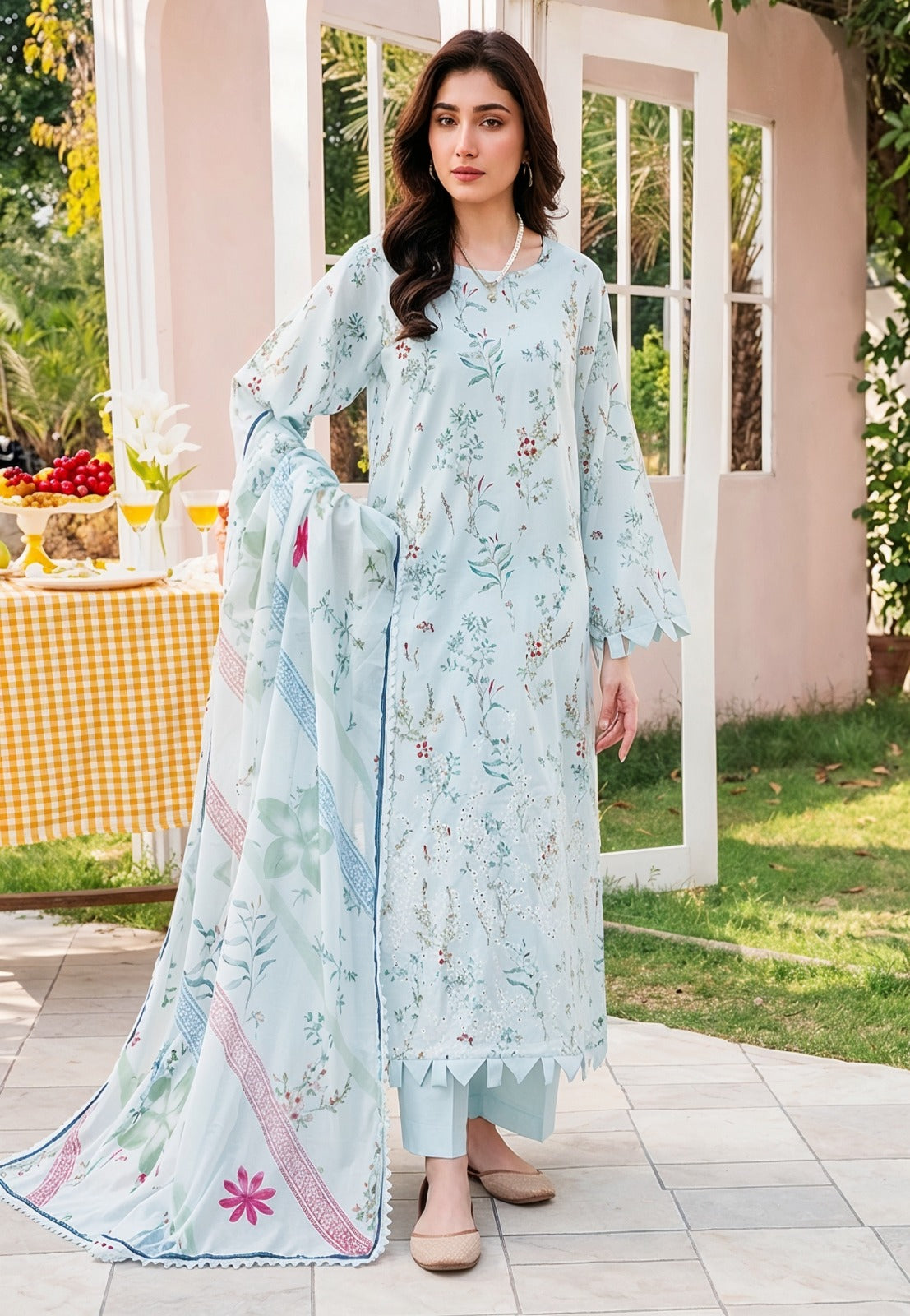 Bin Iqbal Embroidered Chickankari Boring Daman Printed Lawn 3pc D6