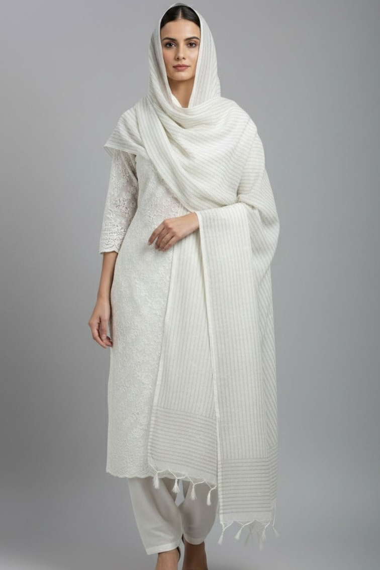 Chikankari Umrah Wear White Lawn 3pc Suit Elegant & Modest Islamic Outfit