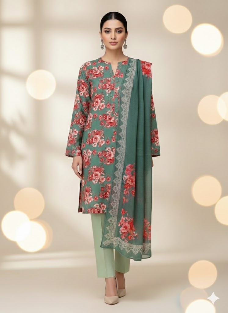 Pashmina Printed Cotray Wool Shawl 3pc D14