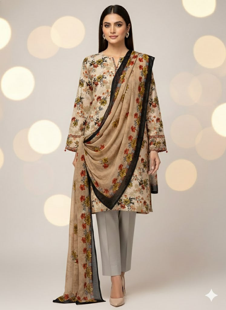 Pashmina Printed Cotray Wool Shawl 3pc D15