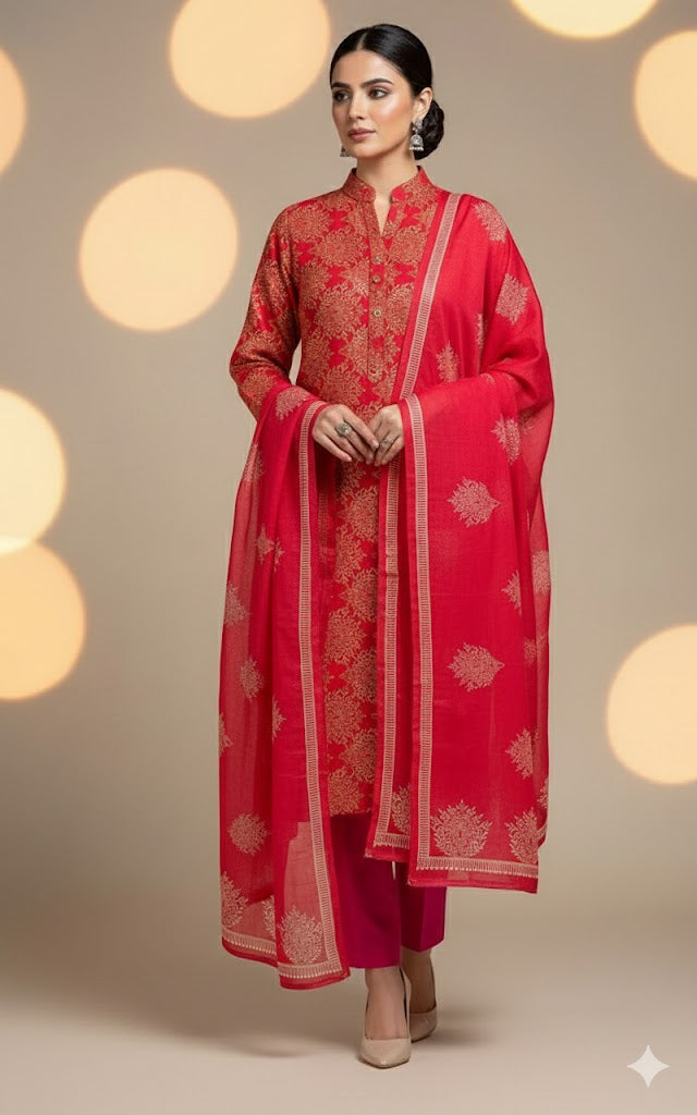 Pashmina Printed Cotray Wool Shawl 3pc D17