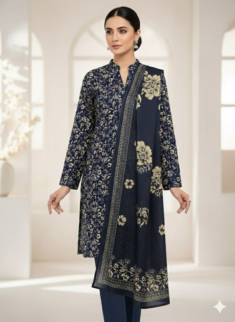 Pashmina Printed Cotray Wool Shawl 3pc D18