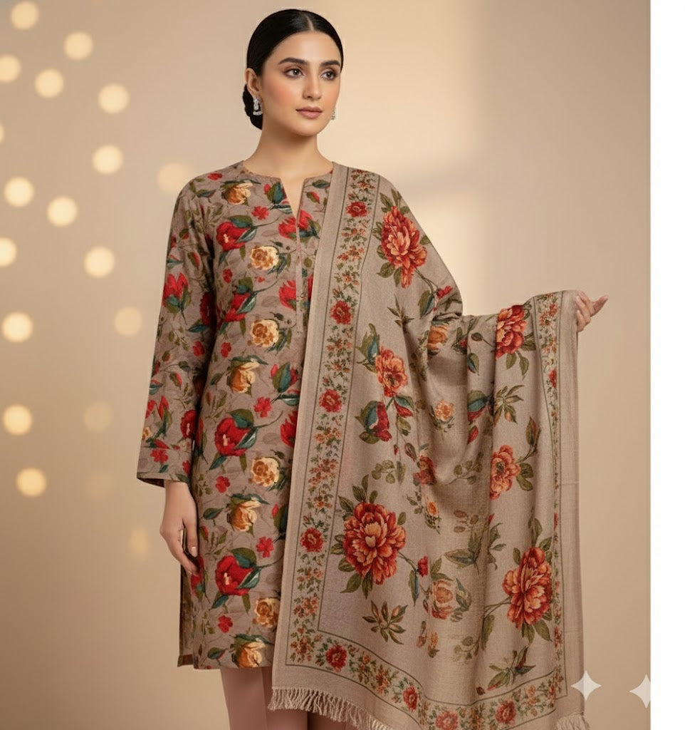 Pashmina Printed Cotray Wool Shawl 3pc D20