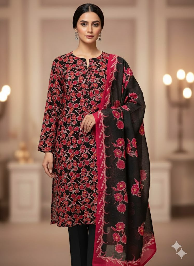 Pashmina Printed Cotray Wool Shawl 3pc D22