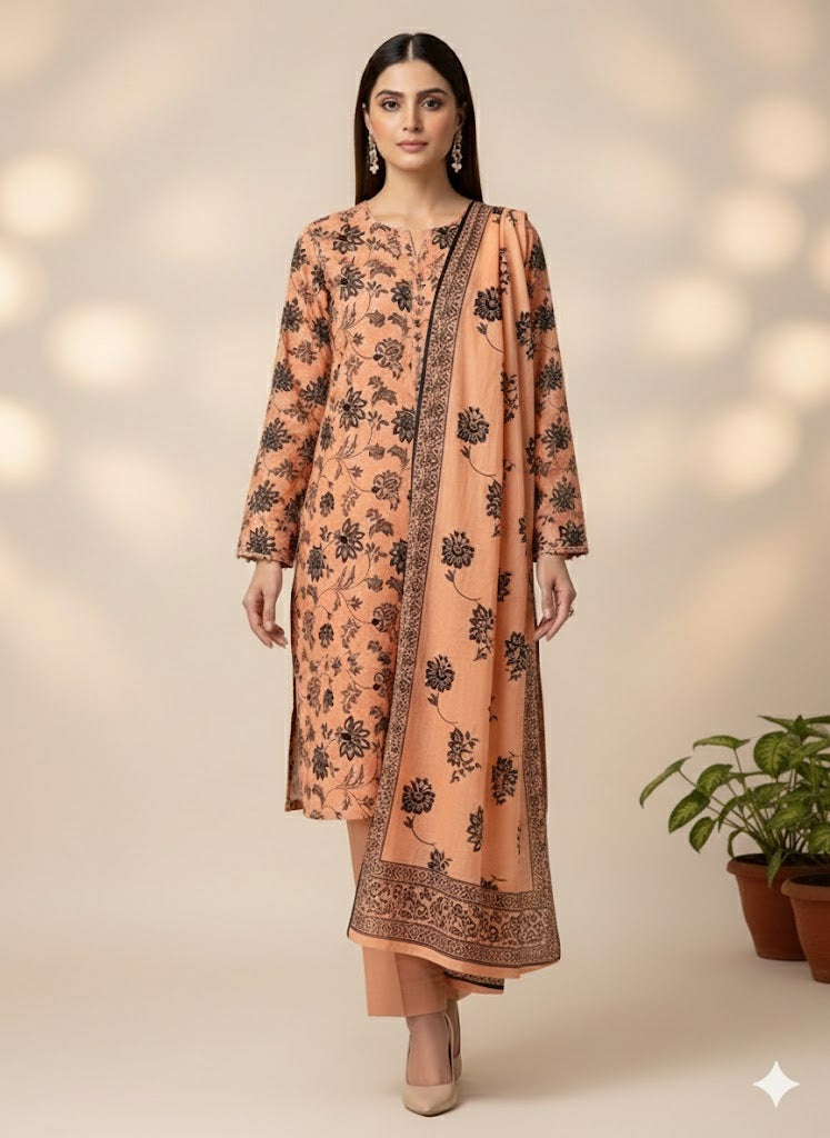 Pashmina Printed Cotray Wool Shawl 3pc D23