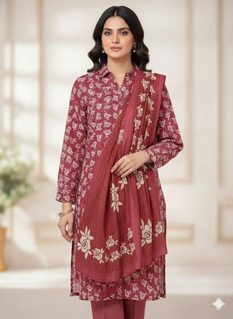 Pashmina Printed Cotray Wool Shawl 3pc D25