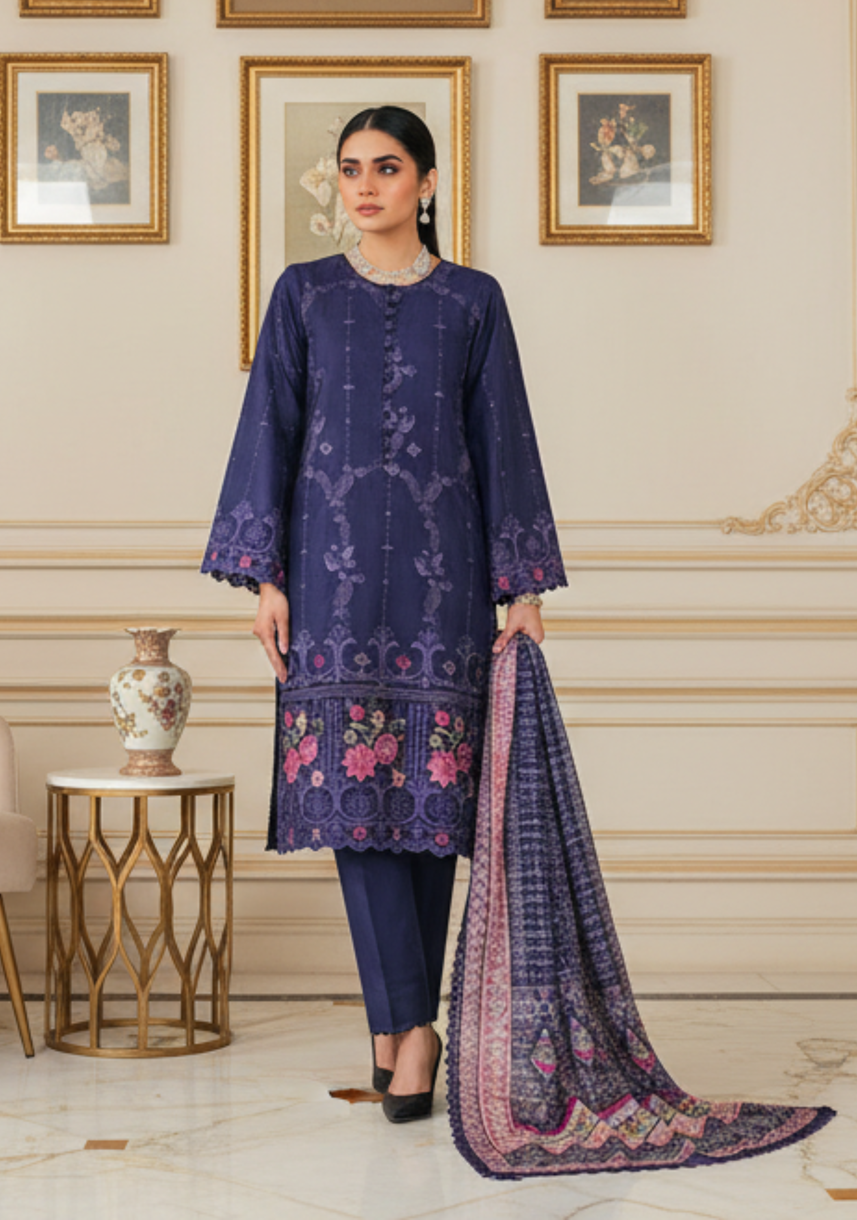 VS-ANMOL Embroidered with Printed Zari Dupatta 3pc-D1