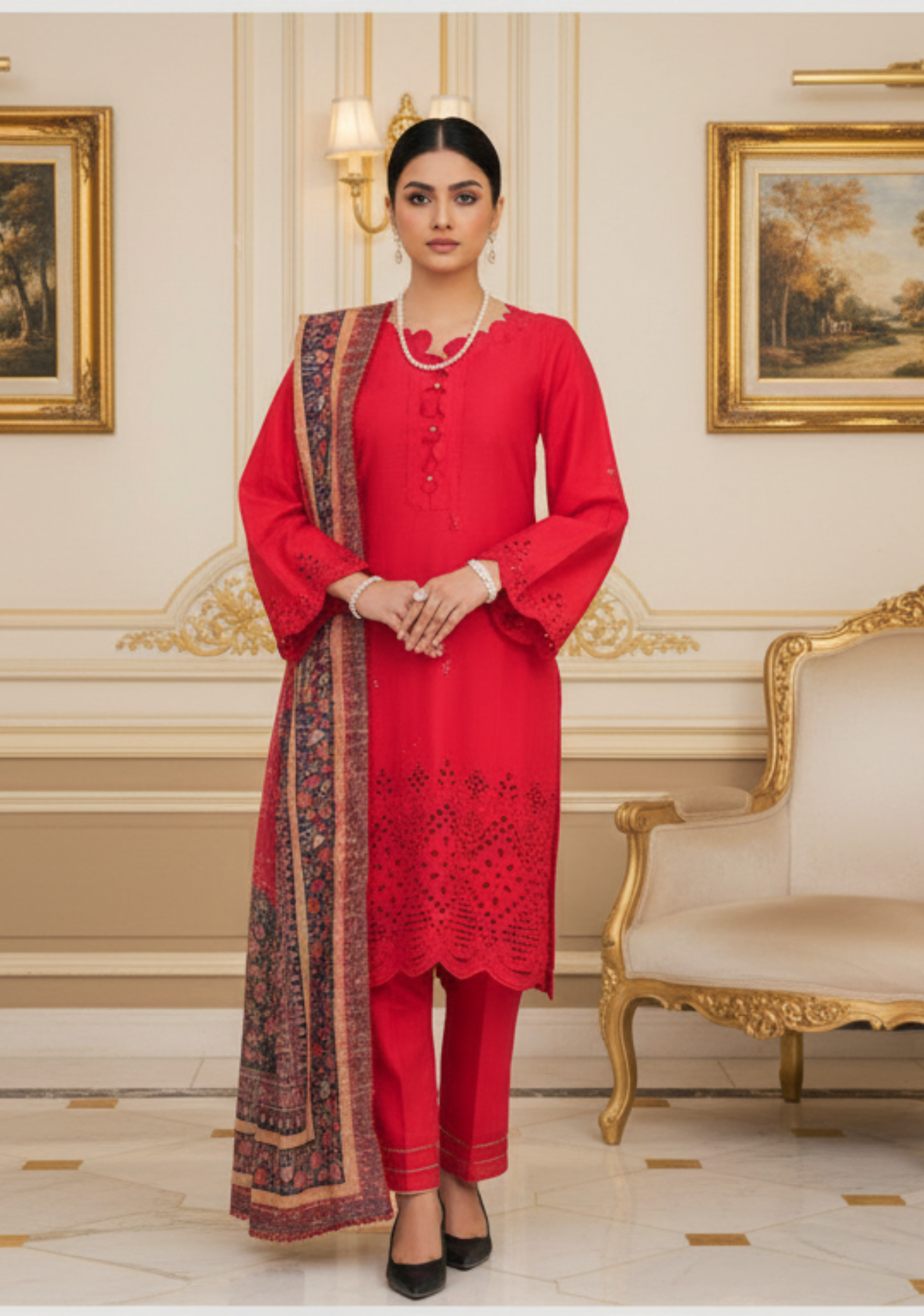 VS-ANMOL Embroidered with Printed Zari Dupatta 3pc-D10