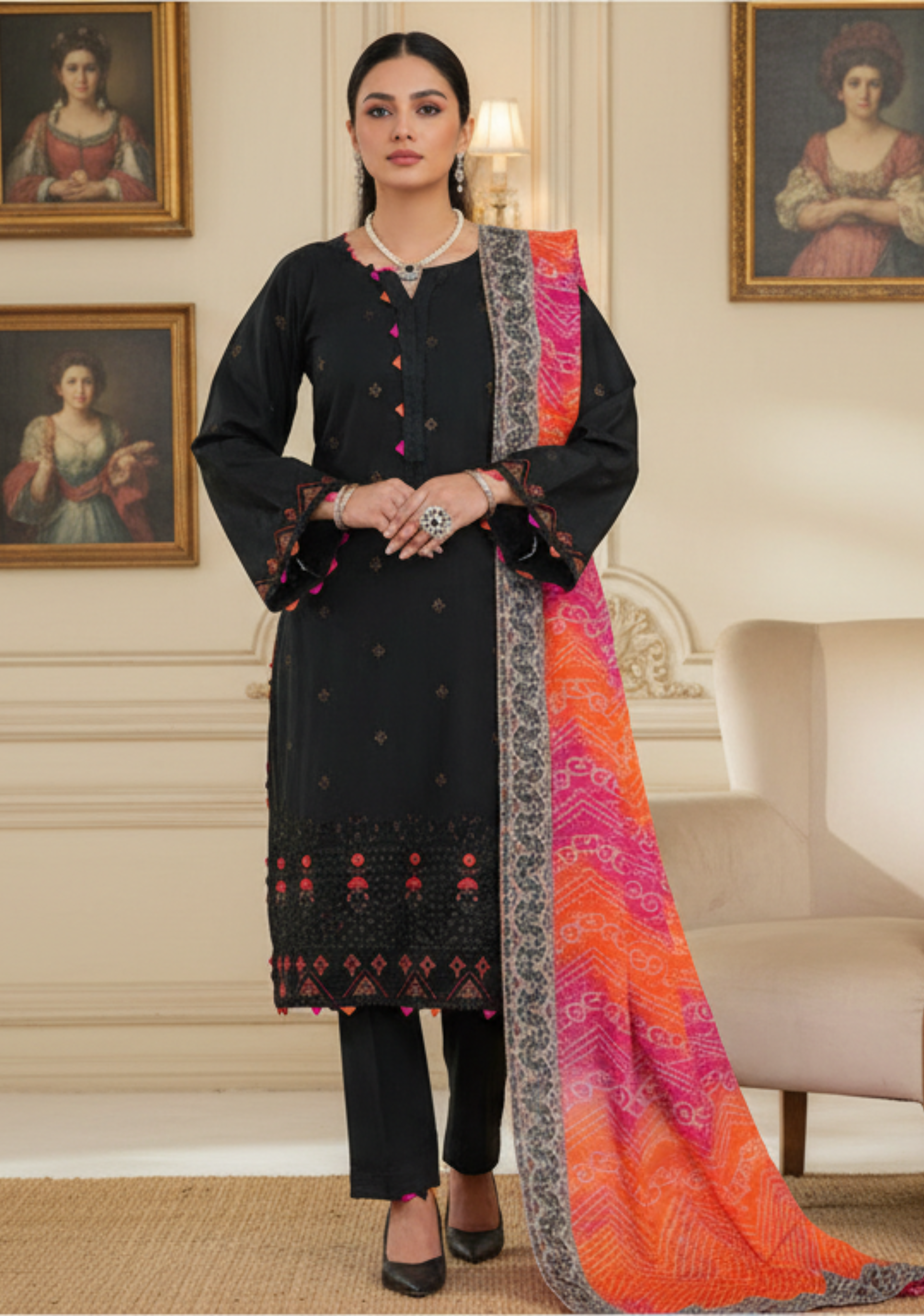 VS-ANMOL Embroidered with Printed Zari Dupatta 3pc-D4