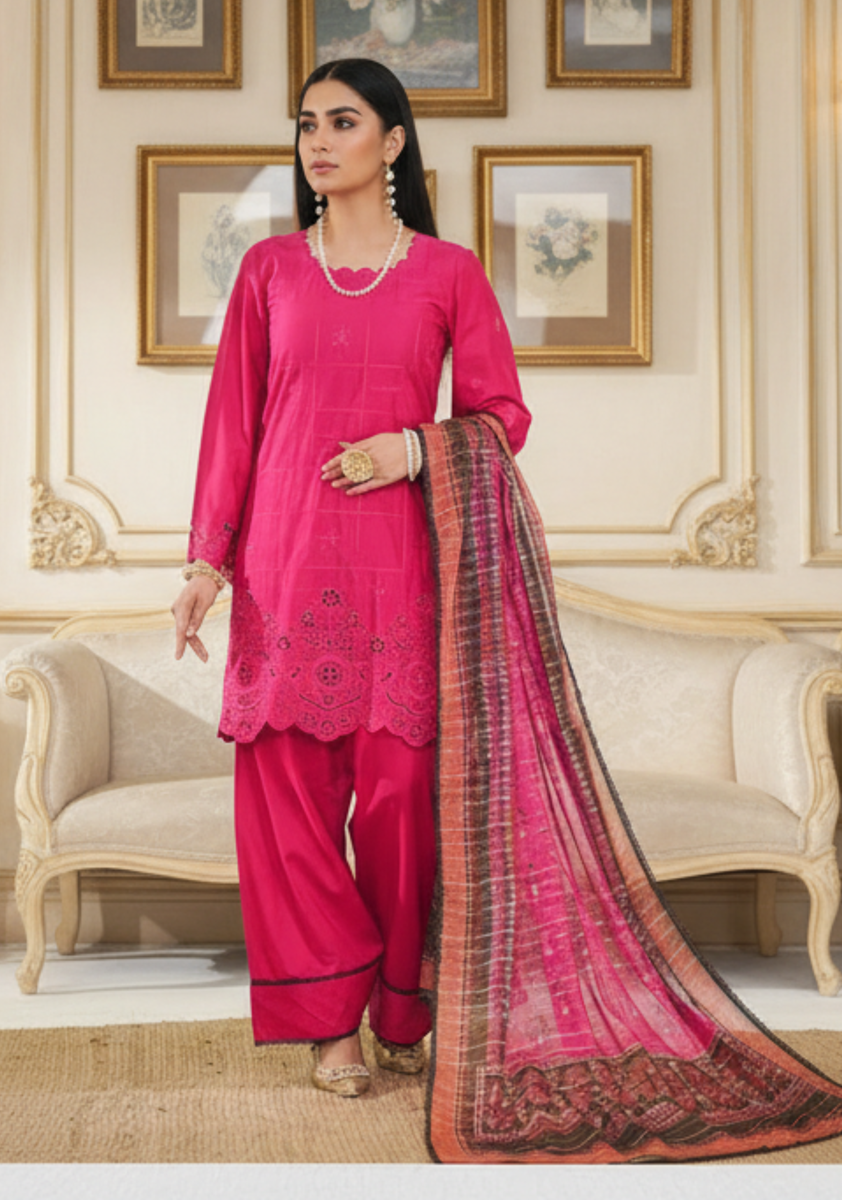 VS-ANMOL Embroidered with Printed Zari Dupatta 3pc-D6