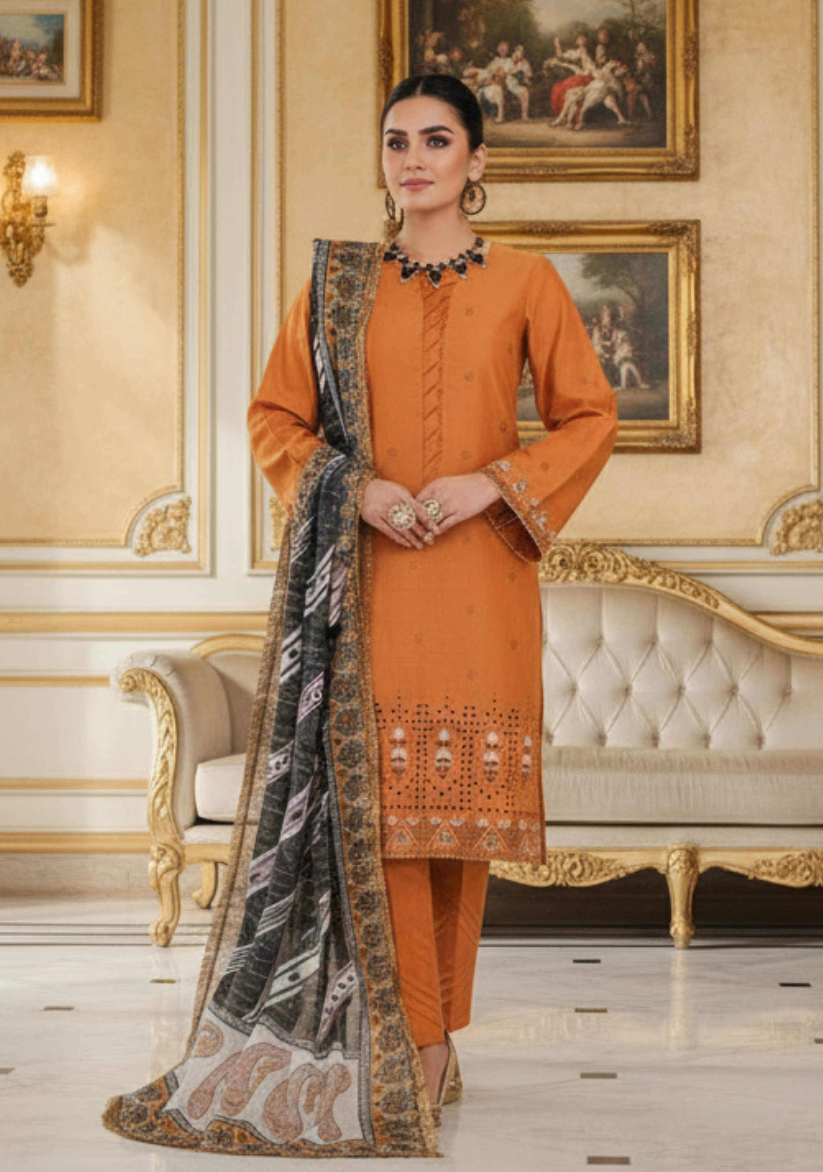 VS-ANMOL Embroidered with Printed Zari Dupatta 3pc-D9