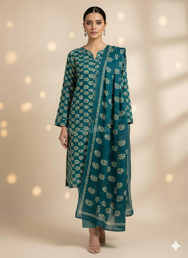 Pashmina Printed Cotray Wool Shawl 3pc D29