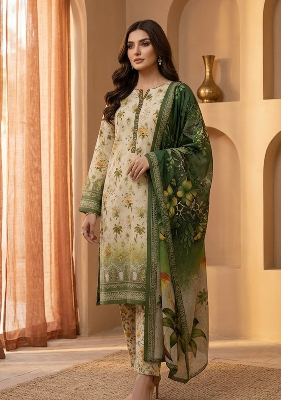 Bin Inam Chikankari Printed Embroidered Lawn 3pc D4